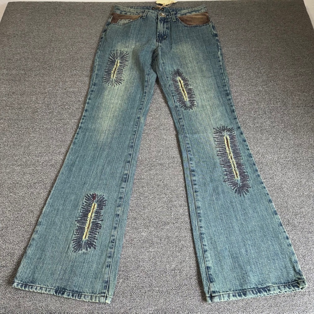 Y2K Deadstoock Black Cat Jeans Womens 30 Flare Distressed Embroidered Denim Boho